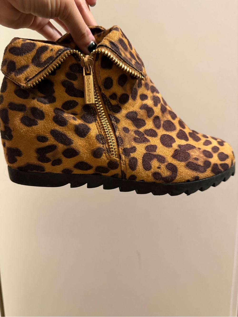 Bella Marie Leopard-Print Wedge Ankle Boot in Tan and Brown
